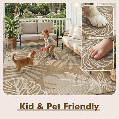 MontVoo-Outdoor Rug-Patio Rug 5x7 ft Polypropylene Indoor Outdoor Rugs Outdoor Carpet for Patio Deck Balcony Porch, Textured Weave, Durable for High Traffic, Fade-Resistant, Tropical Neutral Brown