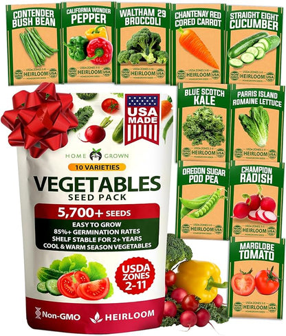 HOME GROWN 10 Variety Survival Seed Vault 5,700+ USA Grown Heirloom Non-GMO Vegetable Seeds for Planting, High Germination, Garden Starter Kit, Emergency Food Supply, Indoor Outdoor