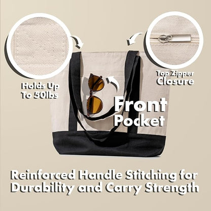 Carrywell (Not Made In China) Canvas Tote Bags with Zipper 3-Pack, 15" x 21", Heavy Duty Organic Cotton With Handles and Front Pocket, Reusable Shopping Totes