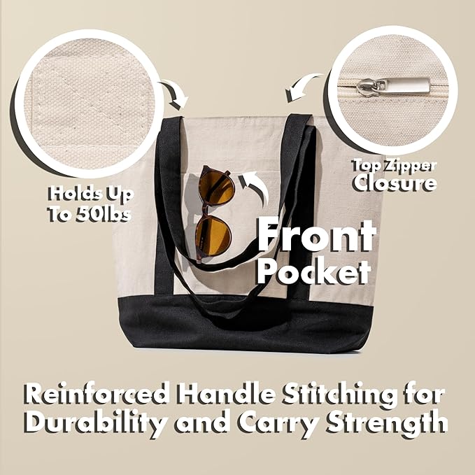 Carrywell (Not Made In China) Canvas Tote Bags with Zipper 6-Pack, 15" x 21", Heavy Duty Organic Cotton With Handles and Front Pocket, Reusable Shopping Totes
