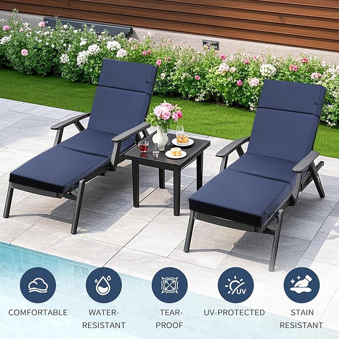 Outdoor Chaise Lounge Cushion 72" x 21" x 3", 4-Section Folding Patio Lounge Chair Cushion with Ties, Waterproof & Fade Resistant Replacement Cushion for Pool, Patio, Deck (Blue, 1 Pcs)
