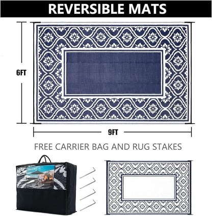 HUGEAR Plastic Outdoor Rug 6'x9' Waterproof Camping Carpet Outside Reversible Area Rug Blue Rugs for RV Deck Entryance Porch Picnic Balcony Beach