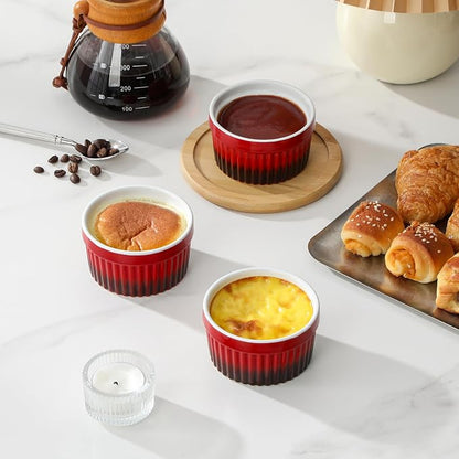 MALACASA Ramekins 4 oz Oven Safe, Small Ceramic Souffle Dishes for Creme Brulee Souffle, Stoneware Custard Cups Ramiken for Baking, Baking Bowls Dipping Sauce Dish Set of 6, Red, Series RAMEKIN-DISH
