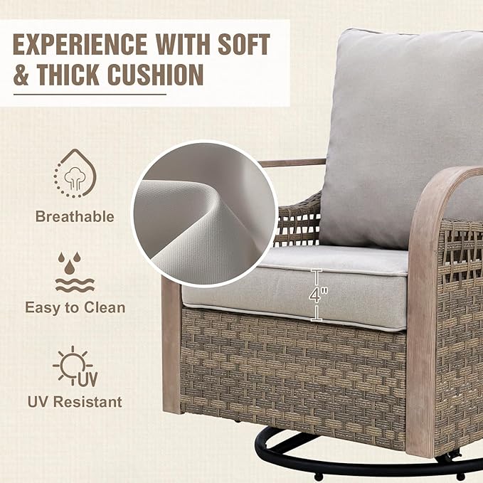 Modern Wicker Bistro Table and Chairs Set, Rattan Outdoor Bistro Set for Patio, Wicker Patio Swivel Rocking Chairs & Table, 3 Pieces, Brown/Gray