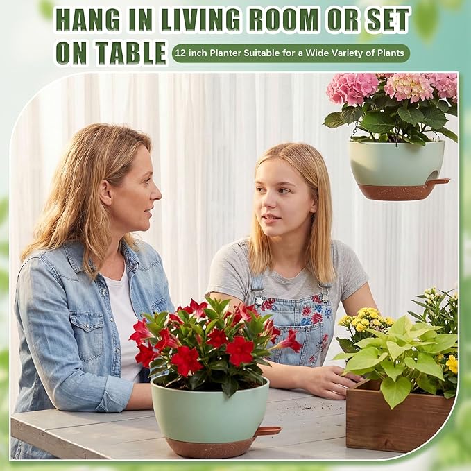 Sliner Set of 4-12 Inch Self Watering Hanging Planters Includes Hanging Pots and Outdoor Hanger Plant Pots with Drainage Holes 2 Types of Hanger Basket Hooks for Patio Garden(Green Brown)