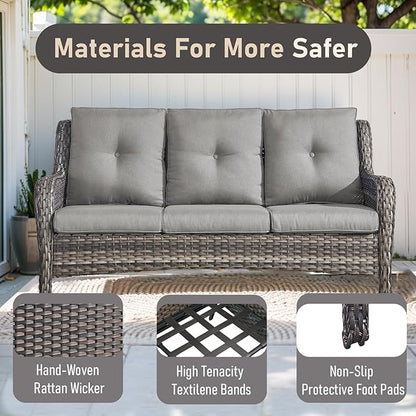 Wicker Outdoor Conversation Se with 50,000 BTU Gas Propane Fire Pit Tablet-7 Pieces Outdoor Wicker High Back Couch Patio Furniture for Deck Poolside Backyard