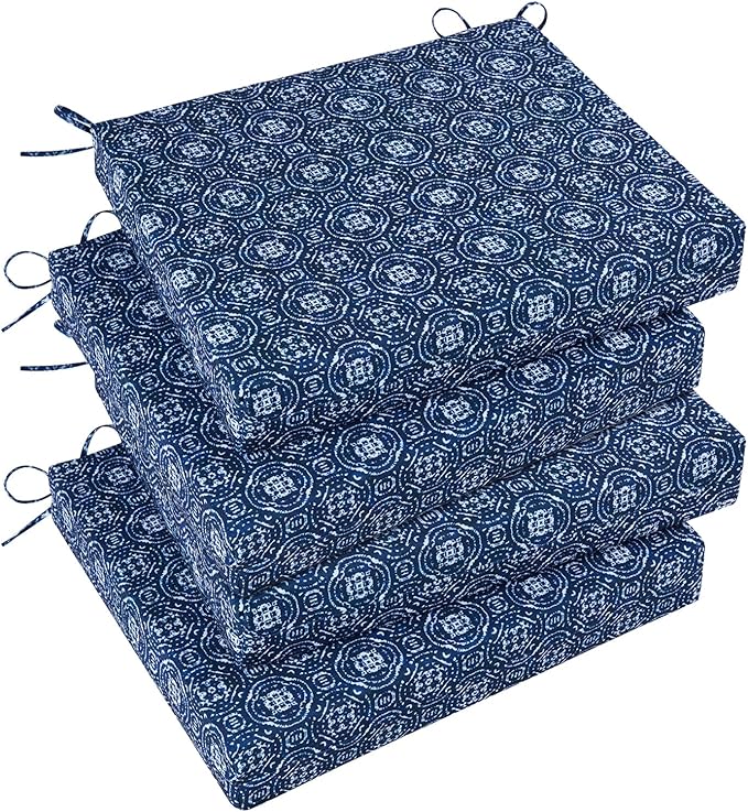 Basic Beyond Outdoor Chair Cushions Set of 4, Square Corner Outdoor Cushions for Patio Furniture, Water Resistant Patio Chair Cushions with 2 Ties, 18.5x16x3, Blue Circles