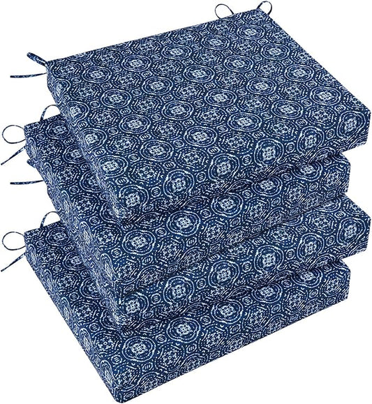 Basic Beyond Outdoor Chair Cushions Set of 4, Square Corner Outdoor Cushions for Patio Furniture, Water Resistant Patio Chair Cushions with 2 Ties, 18.5x16x3, Blue Circles