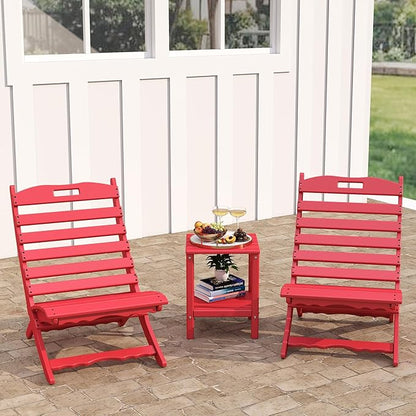 GREENVINES 3 Pieces Patio Furniture Set | Outdoor Bistro Sets for 2 | HDPE Plastic | Folding-Adirondack-Chairs-with-Side-Table | All Weather | Xavier Chair | for Porch Deck Poolside Backyard | Red