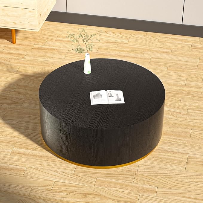 kevinplus Black Round Coffee Table for Living Room, Modern Contemporary Drum Circle Wood Coffee Table for Apartment Office, Black & Gold