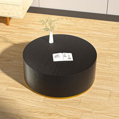 kevinplus Black Round Coffee Table for Living Room, Modern Contemporary Drum Circle Wood Coffee Table for Apartment Office, Black & Gold