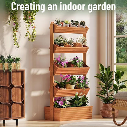 Vertical Wooden Raised Garden Bed, Garden Planters Freestanding Wood Plant Stand Flower Rack Wooden Planter Box for Plants Herbs Flowers Vegetables Outdoor Indoor Gardening (5-Tier Brown)