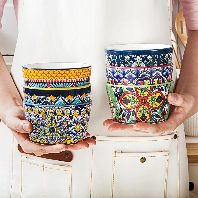 8 oz Ceramic Ramekins Set of 6, Bohemian Baking Bowls & Soufflé Cups | Oven Safe, Ideal for Soufflés, Crème Brûlée, Pot Pies, Mac & Cheese, Dips & Single-Serve Meals