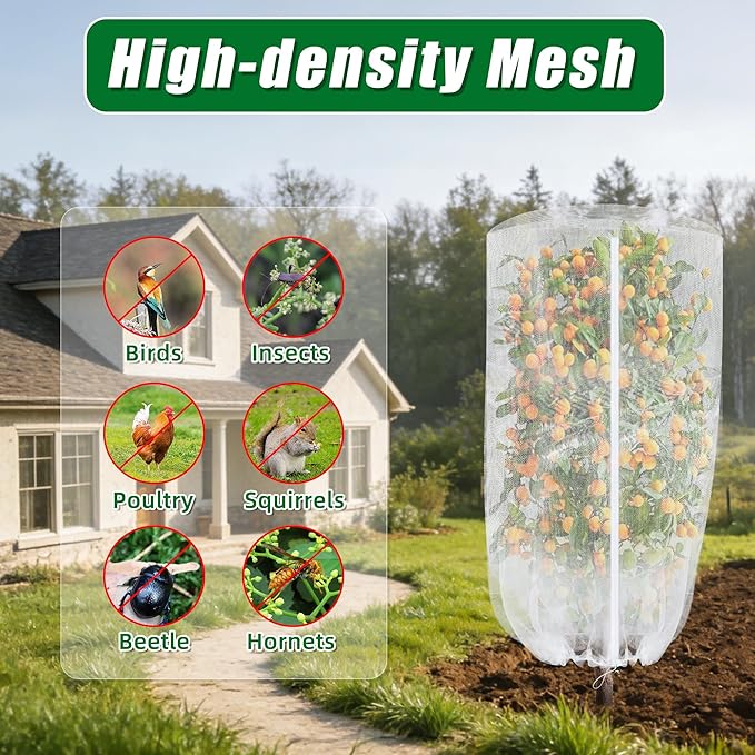 2 Pack Garden Netting for Plant, 2.7x3.3ft Round Top Bird Netting Pest Barrier Mesh with Zipper and Drawstring, Plant Cover Bag for Blueberry Bushes, Small Fruit Tree and Vegetables