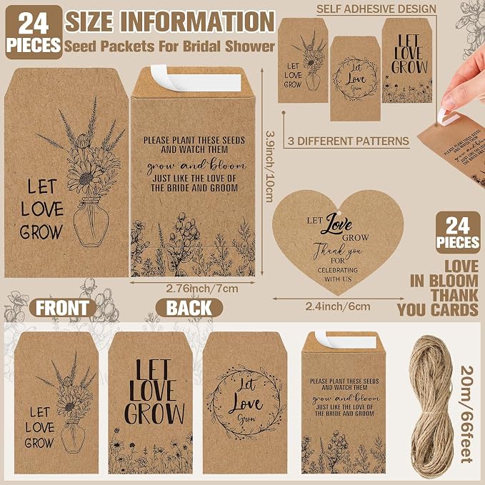 Reallnaive 24 Sets Wedding Favor Flower Seeds Let Love Grow Seed Packets for Guests Family Reunion Wildflower Mini Terracotta Pots Seed Packets Self Adhesive Envelopes Thank You Tags Organza Bags