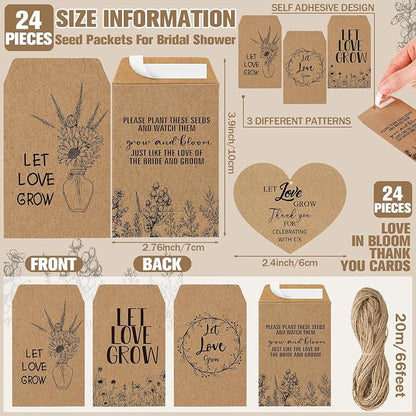 Reallnaive 24 Sets Wedding Favor Flower Seeds Let Love Grow Seed Packets for Guests Family Reunion Wildflower Mini Terracotta Pots Seed Packets Self Adhesive Envelopes Thank You Tags Organza Bags