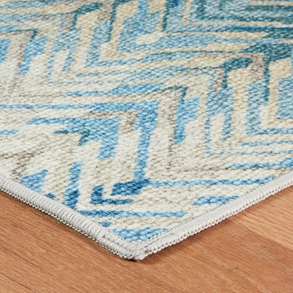 Dash & Albert Seneca Blue Machine Washable Rug, 4 X 6 Feet, Blue Graphic Pattern