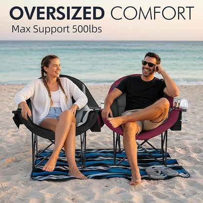 Oversized Camping Chair for Adults - Heavy Duty Padded Outdoor Folding Lawn XL Camp Chair with Cup Holder Cooler Pockets for Sports Beach Fishing Garden Portable Supports 500lbs, Red/Grey