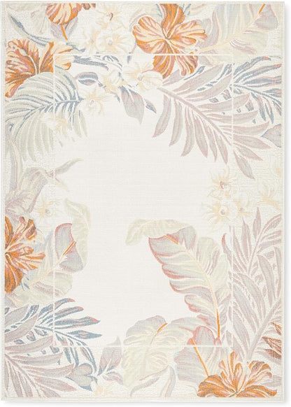 Tommy Bahama Bimini Blooming Border Indoor Outdoor Area Rug, Leaf Tropical Design, UV Fade Resistant, Ivory/Blue/Coral, 5'2"x7'2"