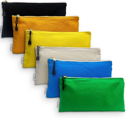 Canvas Tool Bag Zipper Pouch - 6 Pack Heavy Duty Tools Utility Pouches, Multipurpose Storage Organizer Tote Bags with Dependable Metal Zippers, 12.5 x 7-Inch, Olive/Orange/Blue/Yellow/White/Black