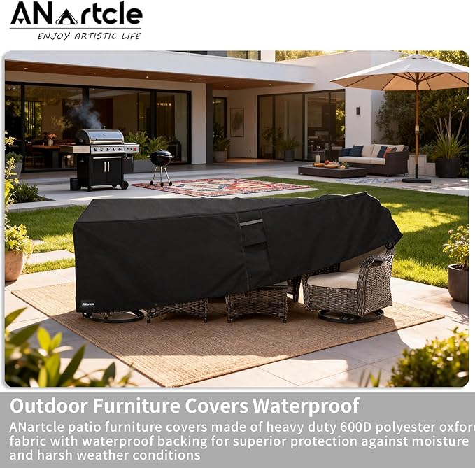 ANartcle Patio Furniture Covers 126L x 74W x 28H inch,600D Waterproof Heavy Duty Outdoor Furniture Covers,Outdoor Wicker Furniture Set with Swivel Patio Chairs General Purpose Furniture Cover,Black