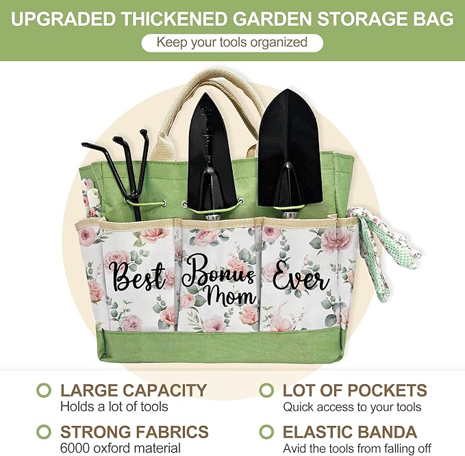 Bonus Mom Gifts, Garden Kit Mothers Day Bonus Mom Gifts from Bonus Daughter Floral Gardening Tools and Durable Garden Tools Organizer Tote, Gardening Set for Women on Birthday Plant Lover Present