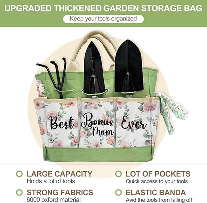 Bonus Mom Gifts, Garden Kit Mothers Day Bonus Mom Gifts from Bonus Daughter Floral Gardening Tools and Durable Garden Tools Organizer Tote, Gardening Set for Women on Birthday Plant Lover Present