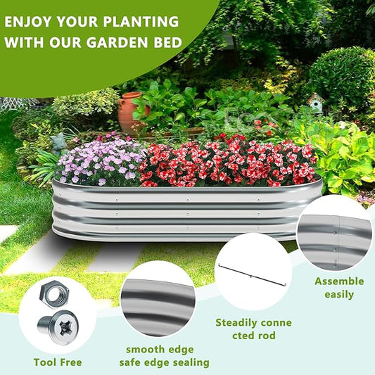 zizin 1 Pack Galvanized Raised Garden Bed Metal Oval Raised Garden Beds Outdoor Planter Box for Vegetables (4x2x1.3FT, Silver)
