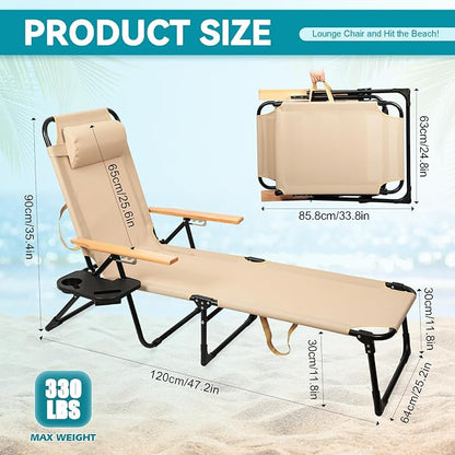 Beach Lounge Chair, Folding Outdoor Chaise Lounge Chair with Arms, 4-Position Backrest, Extended Sun Tanning Chair Pillow & Cup Holder, Patio Lounger for Outside for Beach Pool Patio Yard (Beige)
