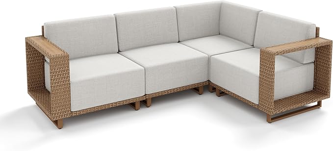 Outdoor Patio Furniture Set, 4 Piece Outdoor Rattan Wicker Modular Sofa Couch, Sectional Conversation Set with 10" Extra Thick Cushions for Deck Backyard Lawn