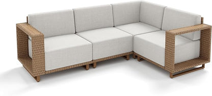 Outdoor Patio Furniture Set, 4 Piece Outdoor Rattan Wicker Modular Sofa Couch, Sectional Conversation Set with 10" Extra Thick Cushions for Deck Backyard Lawn