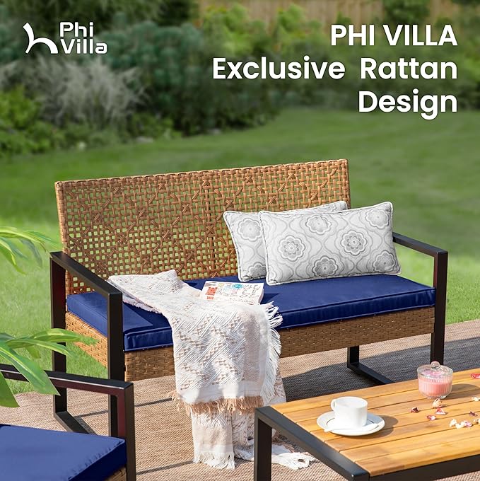 PHI VILLA Patio Wicker Furniture Set for 4, Brown Rattan Loveseat & Chairs with Blue Cushions & Acacia Wood Coffee Table, Outdoor Modern Sectional Conversation Sofa Set for Deck, Yard, Porch