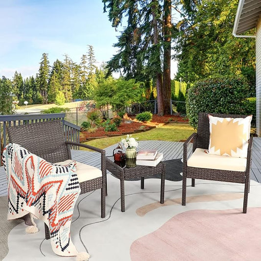 3 Piece Outdoor Patio Furniture Sets, Rattan Conversation Set with Soft Cushion, Wicker Chairs with Coffee Table for Yard Backyard Lawn Porch Poolside Balcony, Beige