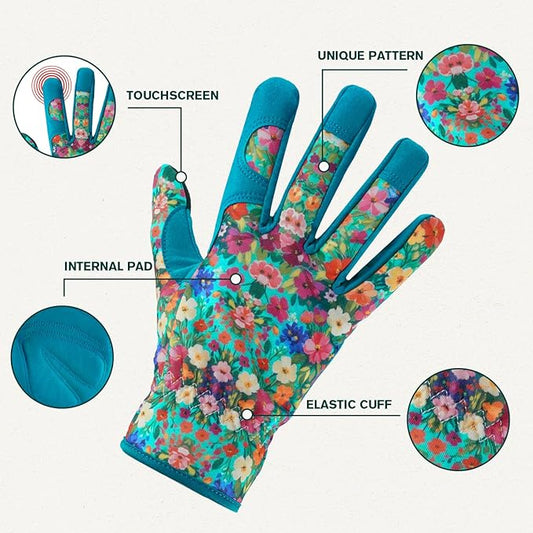 Gardening Gloves for Women, Printed Touchscreen Garden Gloves with Grip, Thorn-Proof Puncture-Resistant Work Gloves