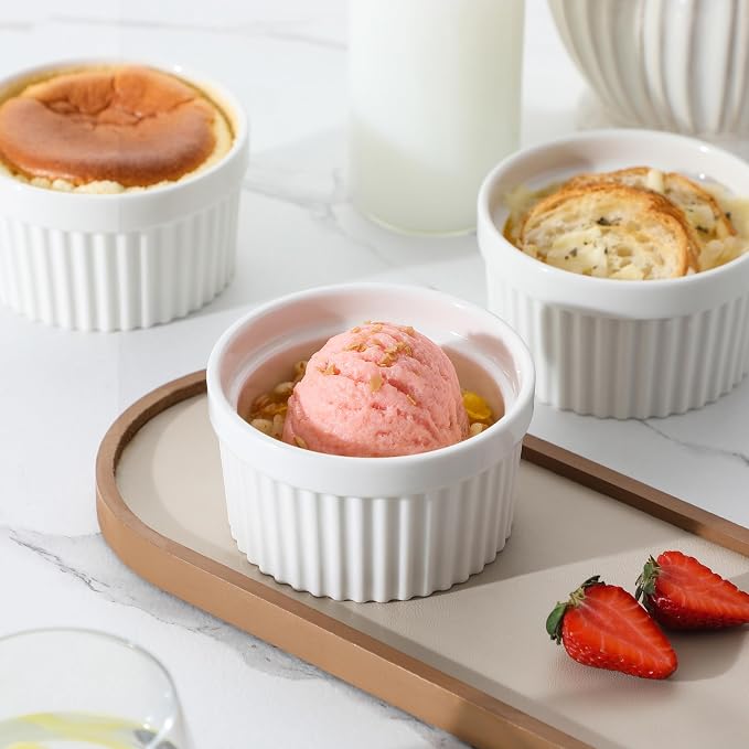 MALACASA Ramekins 10 oz Oven Safe, Porcelain Creme Brulee Ramekins Pudding Custard Cups Large Ceramic Souffle Dishes Ramakan Ramiken Ramicans Baking Bowls Set of 6, White, Series RAMEKIN-DISH