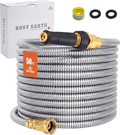 Rosy Earth Expandable Metal Garden Hose 50 FT - 304 Stainless Steel Water Hose 50 FT - Lightweight non Kinking Flexible Garden Hose, no Bite