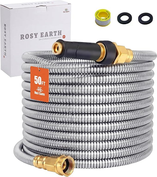 Rosy Earth Expandable Metal Garden Hose 50 FT - 304 Stainless Steel Water Hose 50 FT - Lightweight non Kinking Flexible Garden Hose, no Bite