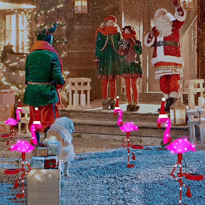 Solar Outdoor Lights Christmas Decor, Solar Xmas Flamingo Lights Waterproof Garden Decor, Flamingo Stake Lights for Yard Pathway Patio Festive Decoration-2 Pack