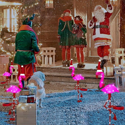 Solar Outdoor Lights Christmas Decor, Solar Xmas Flamingo Lights Waterproof Garden Decor, Flamingo Stake Lights for Yard Pathway Patio Festive Decoration-2 Pack