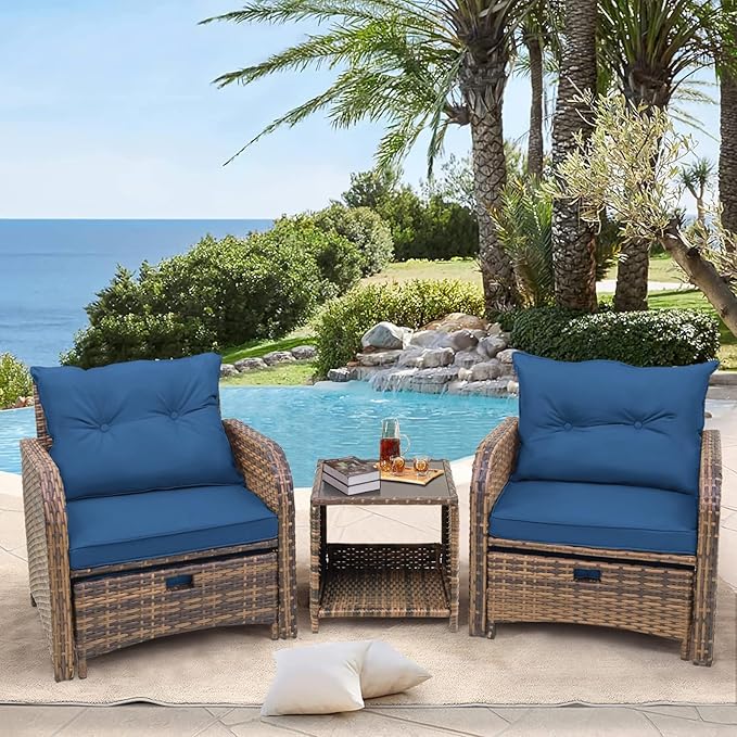 5 Pieces PE Wicker Outdoor Chairs with Ottomans, 5 PCS Rattan Patio Furniture Set with Ottoman, Patio Chairs with Ottomans for Porch Balcony Sunroom, Blue Cushion