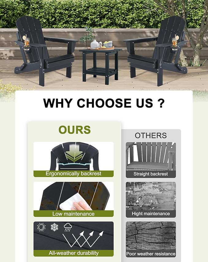 Folding Adirondack Chairs Set of 6- Plastic Adirondack Chairs with Cup Holder, Weather Resistant for Outdoor, Patio, Lawn, Garden, Backyard Deck, Fire Pit - Black