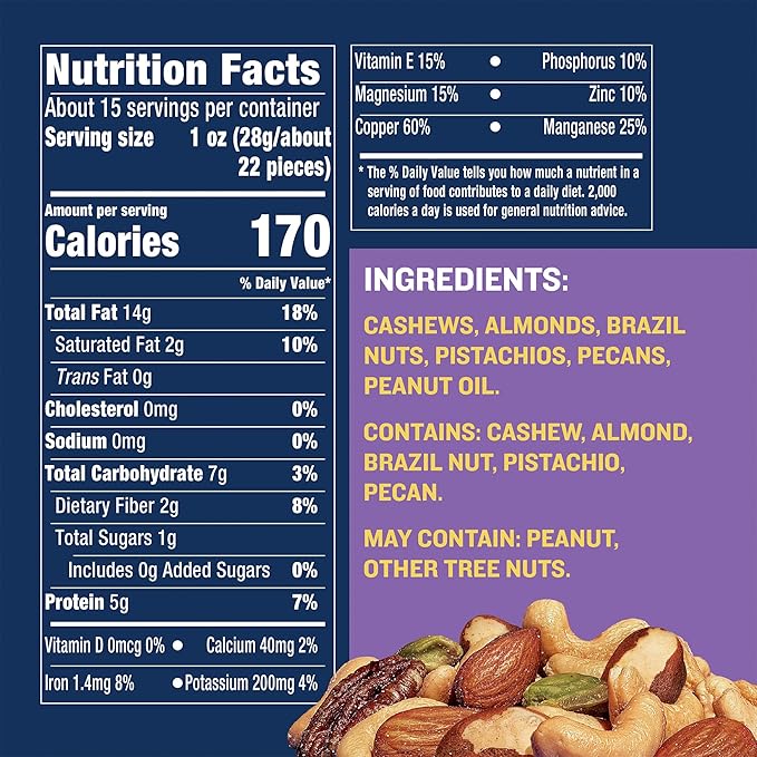 PLANTERS Unsalted Mixed Nuts, Cashews, Pistachios, Almonds, Brazil Nuts, and Pecans, Plant-Based Protein Snacks, 15.25 oz Canister
