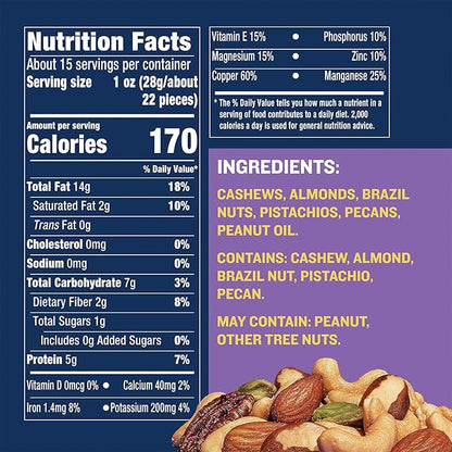 PLANTERS Unsalted Mixed Nuts, Cashews, Pistachios, Almonds, Brazil Nuts, and Pecans, Plant-Based Protein Snacks, 15.25 oz Canister
