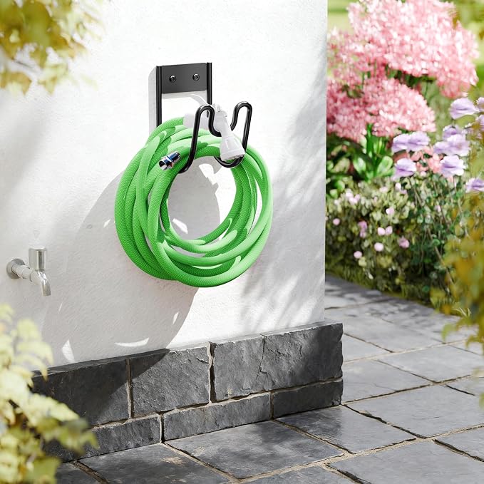Black Metal Garden Hose Holder - Wall Mounted Water Hose Holder - Hose Hanger Heavy Duty for Water Hose Extension Cords Vacuum Hose (1 Pack)