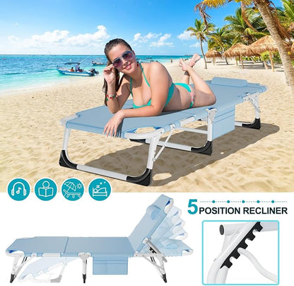 ABORON 3-in-1 Tanning Chair, 5-Position with Face and Arm Holes | 5-position reclining chair includes a removable mat, pillow, face hole and arm slots; folds flat for beach or patio use.