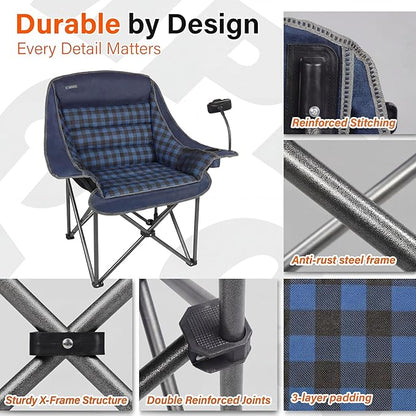 Oversized Camping Chairs for Adults- Heavy Duty Extra Large Lawn Chair,Folding Comfy Padded Camp Chair for Outdoor Sports Garden Beach Fishing,Wide&Thick,Blue Plaid
