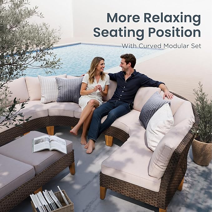 PHI VILLA 4-Piece Curved Patio Furniture Set, Half-Moon Wicker Sectional Furniture Sofa Set for 8 Seats with Cushioned 3 x Curved Sectionals and 2 x Ottoman, Beige
