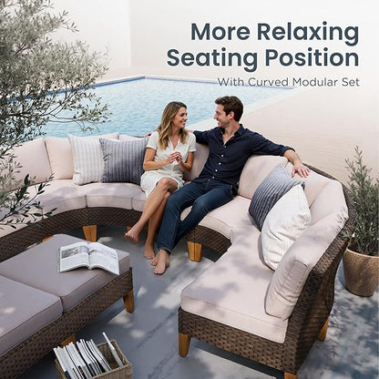 PHI VILLA 4-Piece Curved Patio Furniture Set, Half-Moon Wicker Sectional Furniture Sofa Set for 8 Seats with Cushioned 3 x Curved Sectionals and 2 x Ottoman, Beige