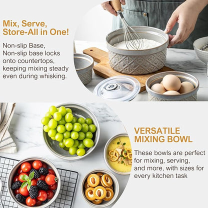 Ceramic Bowls with Lids set of 4, Soup Bowls, 28 oz Ramekins Baking Dishes for Kitchen, Food Storage Container Bowls Oven Safe, Bowls for Salad, Snack, Oatmeal, Fruit, Gifts, Grey