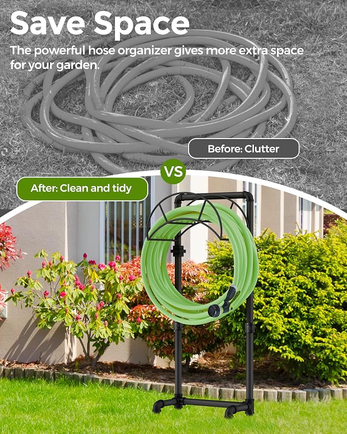 LAND·VOI Freestanding Garden Water Hose Storage Holder Stand for Outside, 160-Ft Hose Heavy Duty Metal Hanger Reel Organizer Outdoor Yard Lawn, Standing Keeper Rack with Ground Stake, Black GHH02B